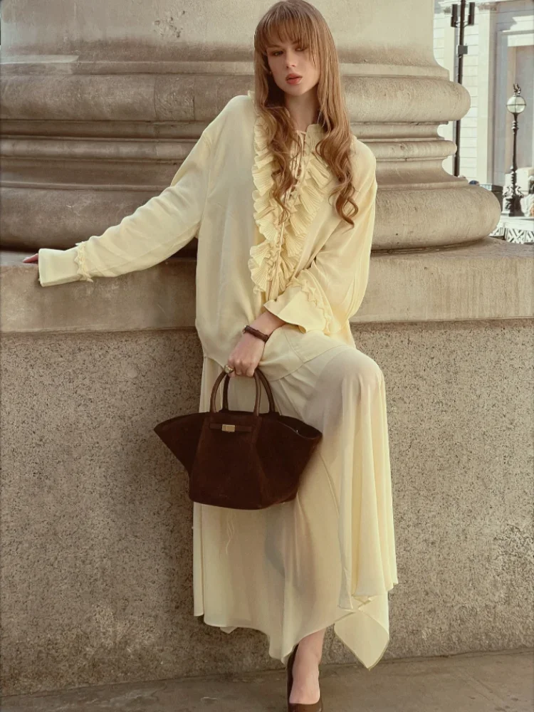 Butter Yellow Ruffled Long Skirt Suit Summer Women's Fashion Loose Lace-up V-neck Shirts Sets 2025 Lady Holiday Street Outfits
