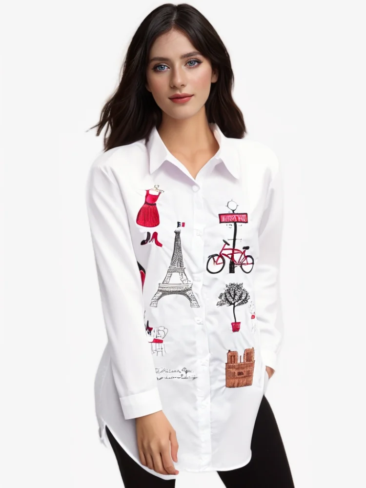 

GELITAYIN Fashion Loose Women's Cotton Embroidered Shirt Spring And Autumn Long Top 5083