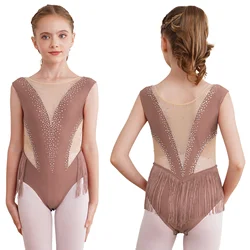 Leotardos de baile latino de Ballet para niñas, traje de rendimiento de patinaje artístico, mono de gimnasia con borla de diamantes de imitación brillantes, Ropa de baile