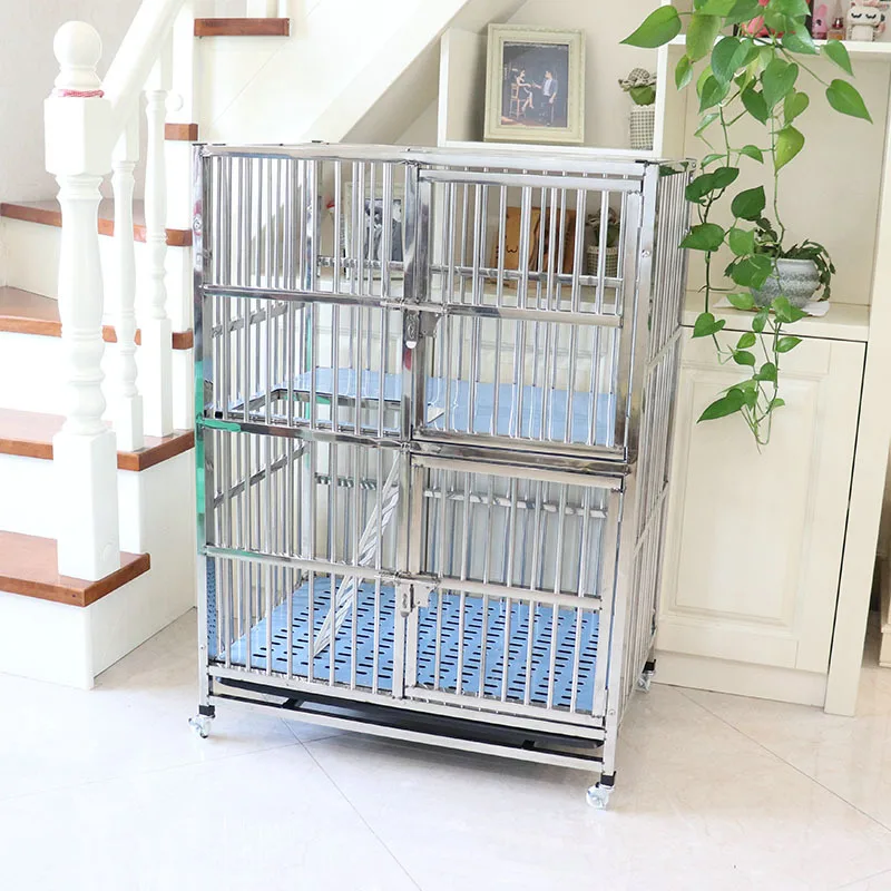 Dog crate 2 door folding stainless steel pet cage with plastic tray