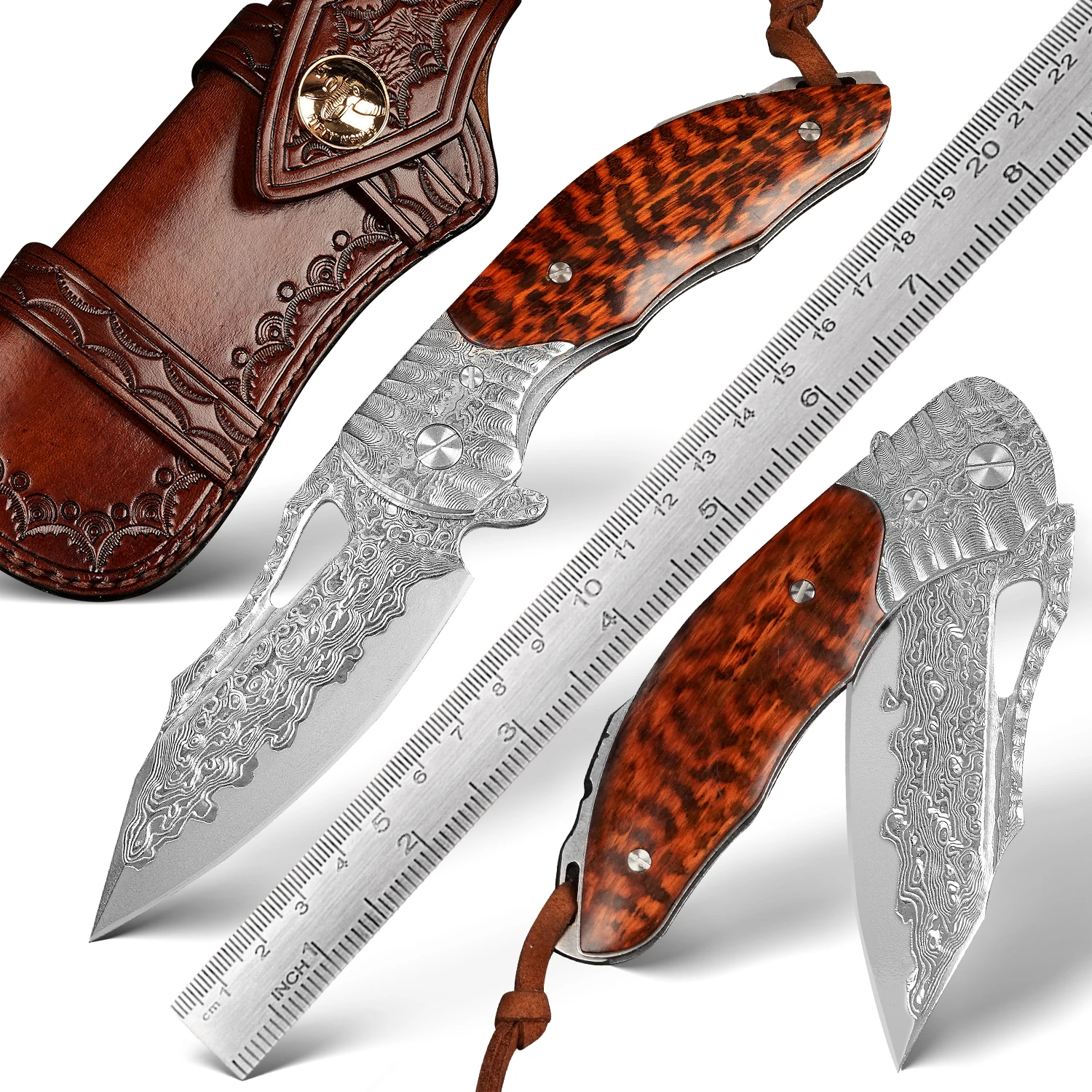 

High quality Damascus steel pocket folding knife hunting climbing snake wood handle travel outdoor activities portable