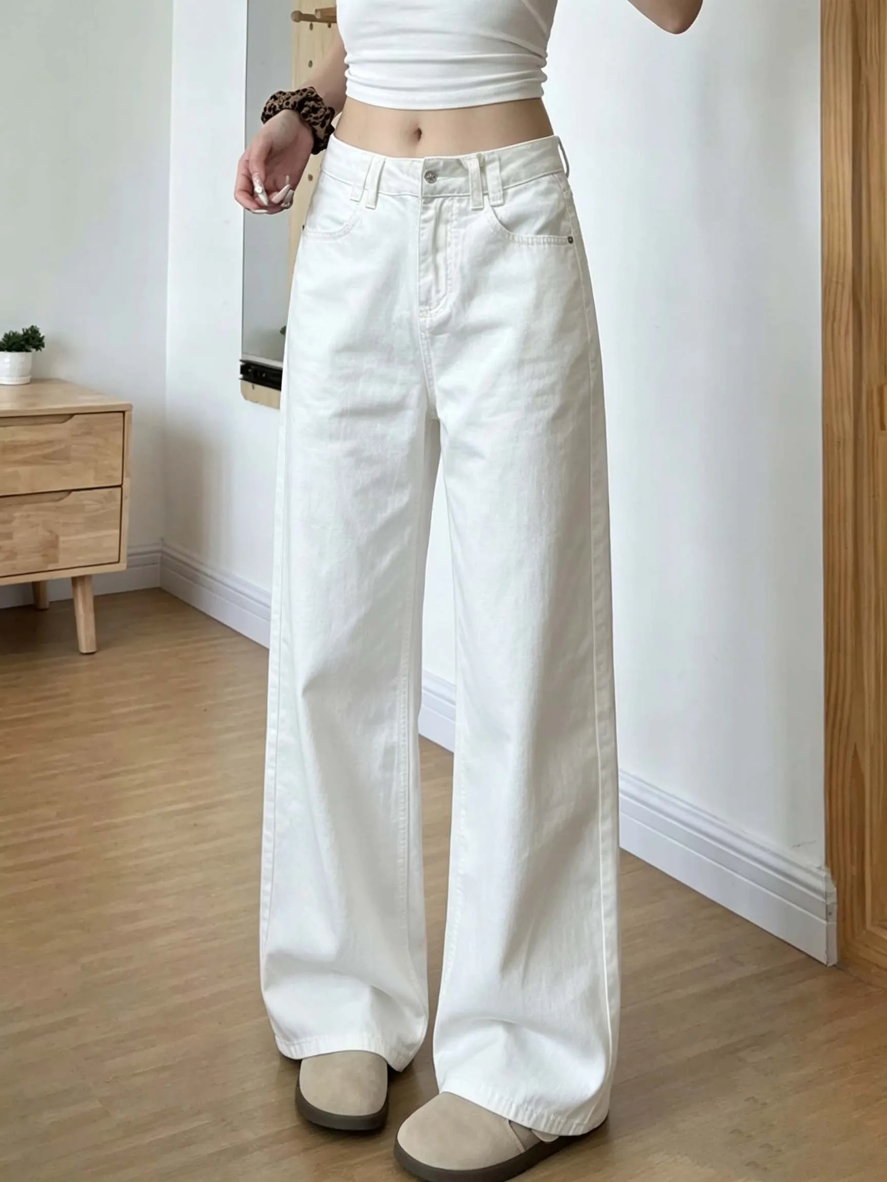  White Straight Leg Jeans Women's Summer New Thin Small Size High Waist Loose Slimming Drapey Wide Leg Pants Casual