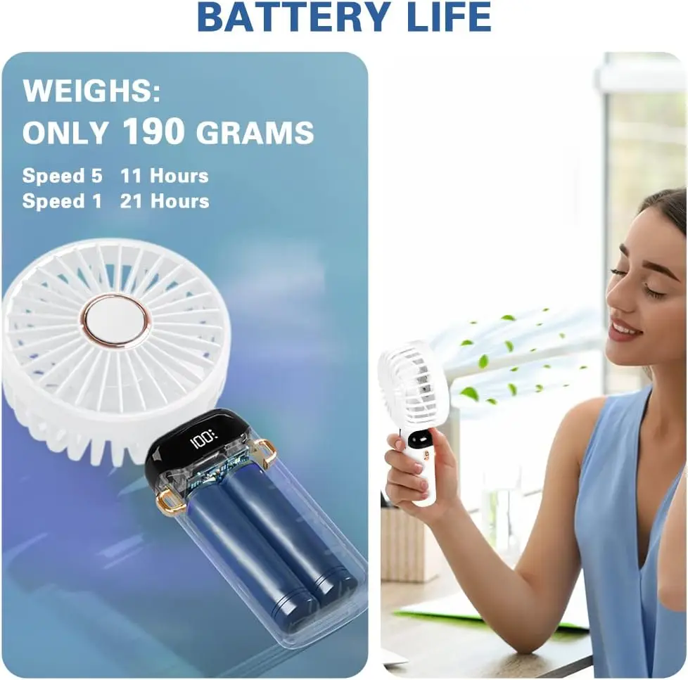 Портативный вентилятор, персональный вентилятор с перезаряжаемой USB, 4800 мАч, 90 шт. °   Складной мини-настольный вентилятор со светодиодным цифровым дисплеем, 5-скоростной мультивентилятор