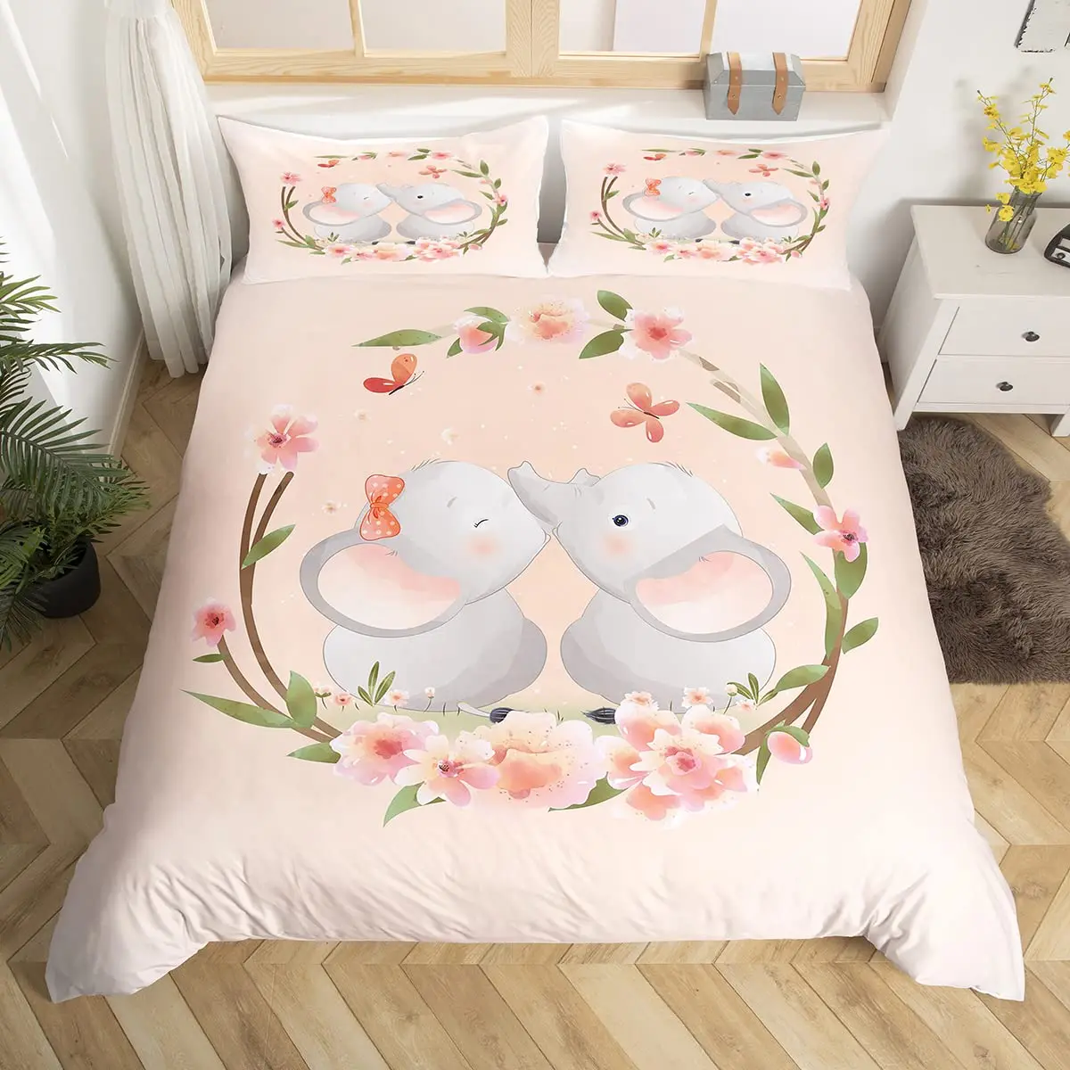 Cute Dinosaur Duvet Cover Pink Floral Comforter Cover Kawaii Cartoon Animal Bedding Set Twin Japanese Cherry Blossoms Bed Cover