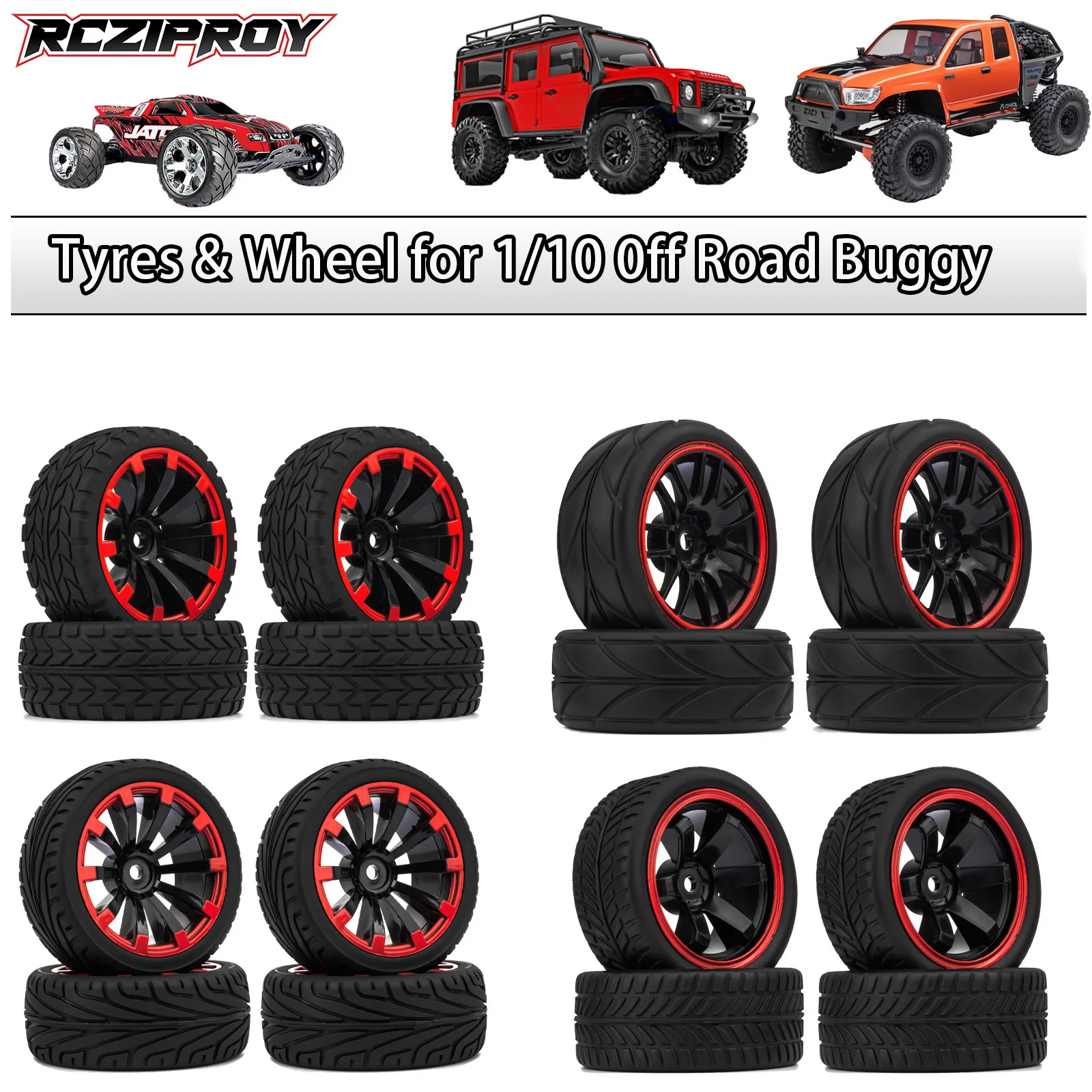 High-quality rubber RC tires with plastic rims, compatible with 1/10 HSP/Redcat/Exceed/Tamiya/HPI models