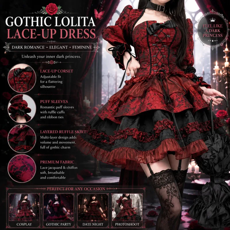 

Red Black Gothic Lolita 3 Piece Set Puff Sleeve Lace Corset Slimming Ruffled Dress For Women Summer Halloween Party Cosplay Gift