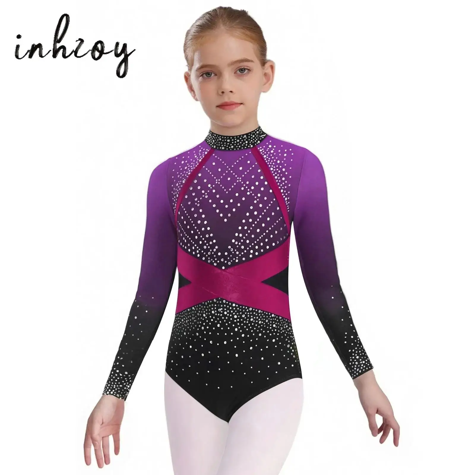 3개/세트 어린이 소녀 체조 피겨 스케이팅 댄스 의상 긴 소매 반짝이는 라인스톤 컬러 블록 레오타드+조끼 탑+레깅스