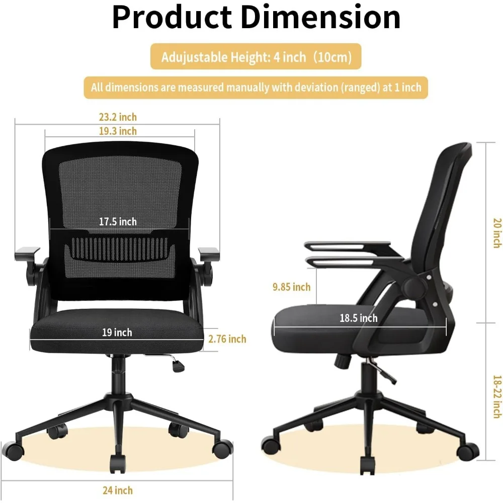 Office Computer Desk Chair Ergonomic Mesh Flip-Up Arms Comfy Chair with Mid Back Cushion Lumbar Support Adjustable Height