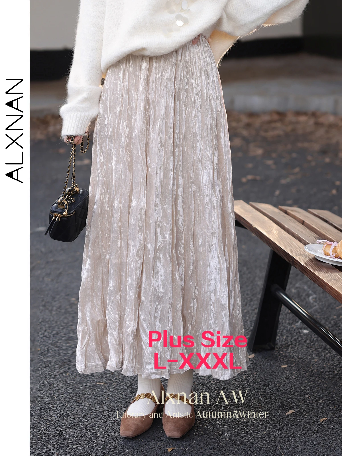 ALXNAN Plus Size Long Skirt for Women Winter 2024 Fashion Pleated A-line Skirt Temperament Simple High Quality Clothing D08908