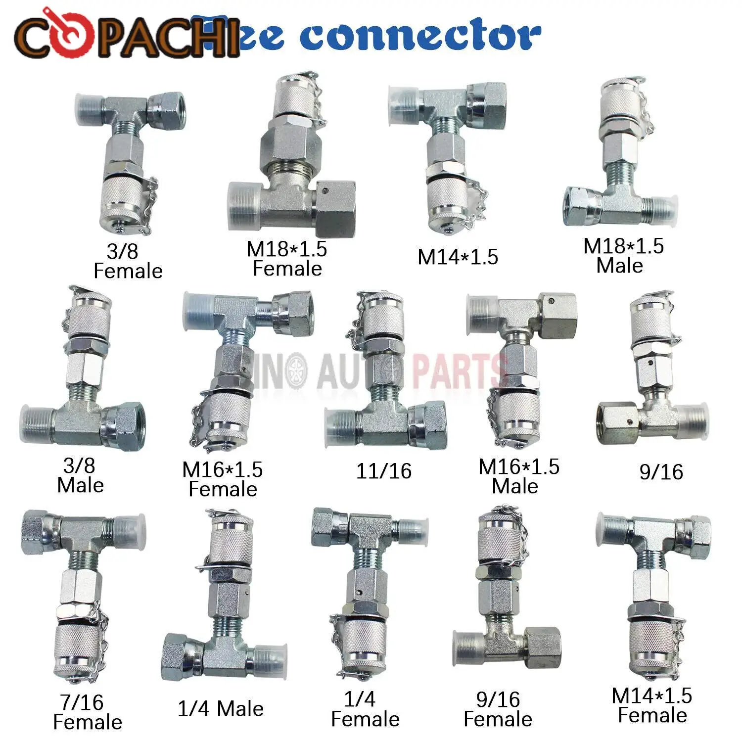 

14PCS Tee Fittings Connector Set 3/8 M18*1.5 M16*1.5 7/16 1/4 M14*1.5 for Hydraulic Pressure Gauge Test Kit With 1 Year Warranty