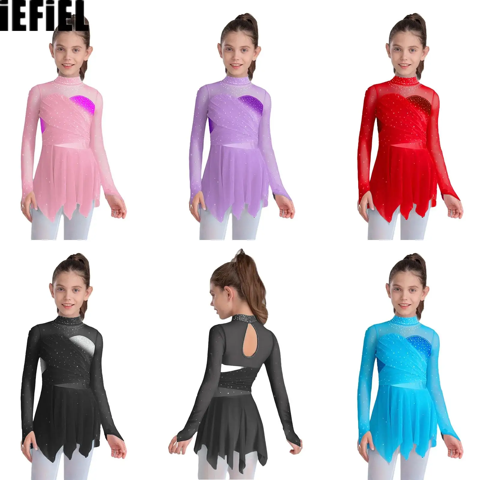 

Kids Girls Mesh Dance Dress Lyrical Figure Skating Mock Neck Long Sleeves Sparkly Rhinestones Irregular Hem Ruched Costume