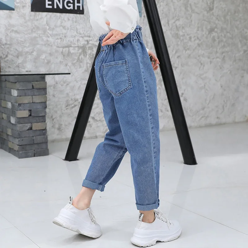 Children Light Blue Jeans for Girls 14 To 15 Year Casual High Waist Elastic Denim Pants Teenager Trousers Clothes Spring Autumn