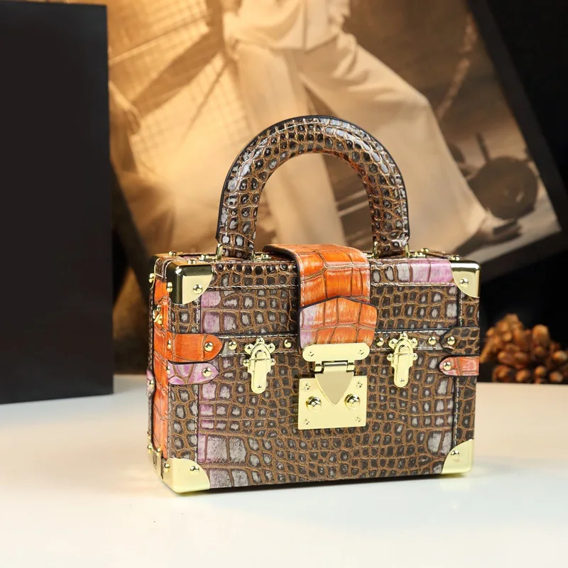 Sac de luxe à motif de pierre pour femmes, en cuir véritable imprimé Crocodile, Mini poignée supérieure, sac à bandoulière de forme géométrique Unique