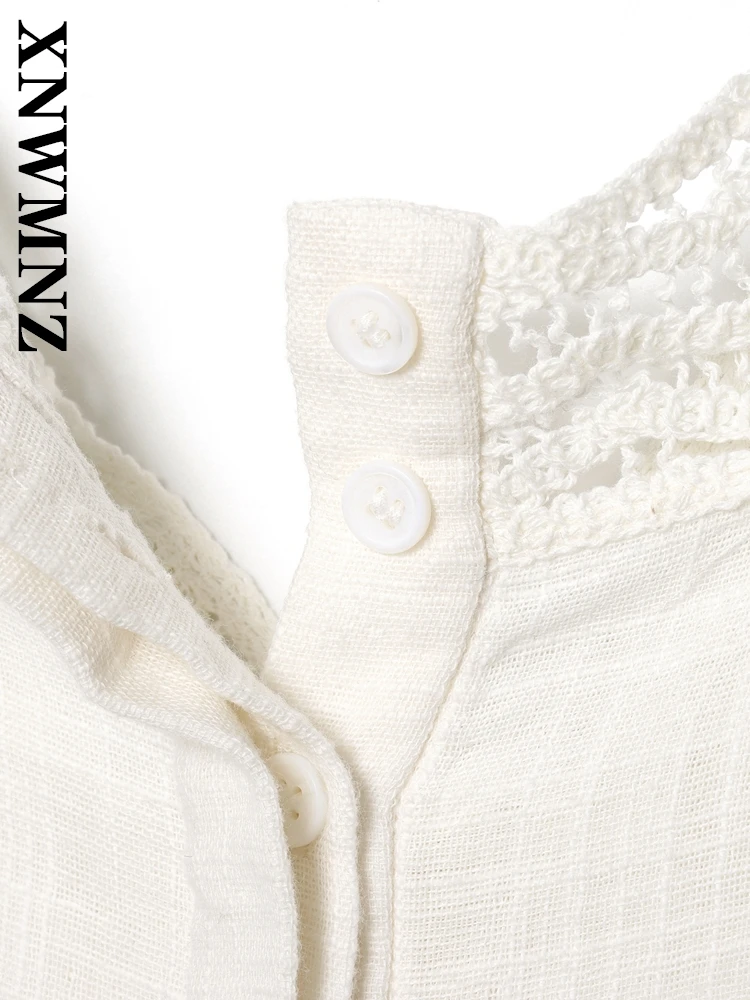 XNWMNZ 2025 ملابس نسائية صيفية أنيقة غير رسمية بياقة واقفة قميص كروشيه بسيط للسيدات بأكمام قصيرة بلوزة كلاسيكية بأكمام قصيرة