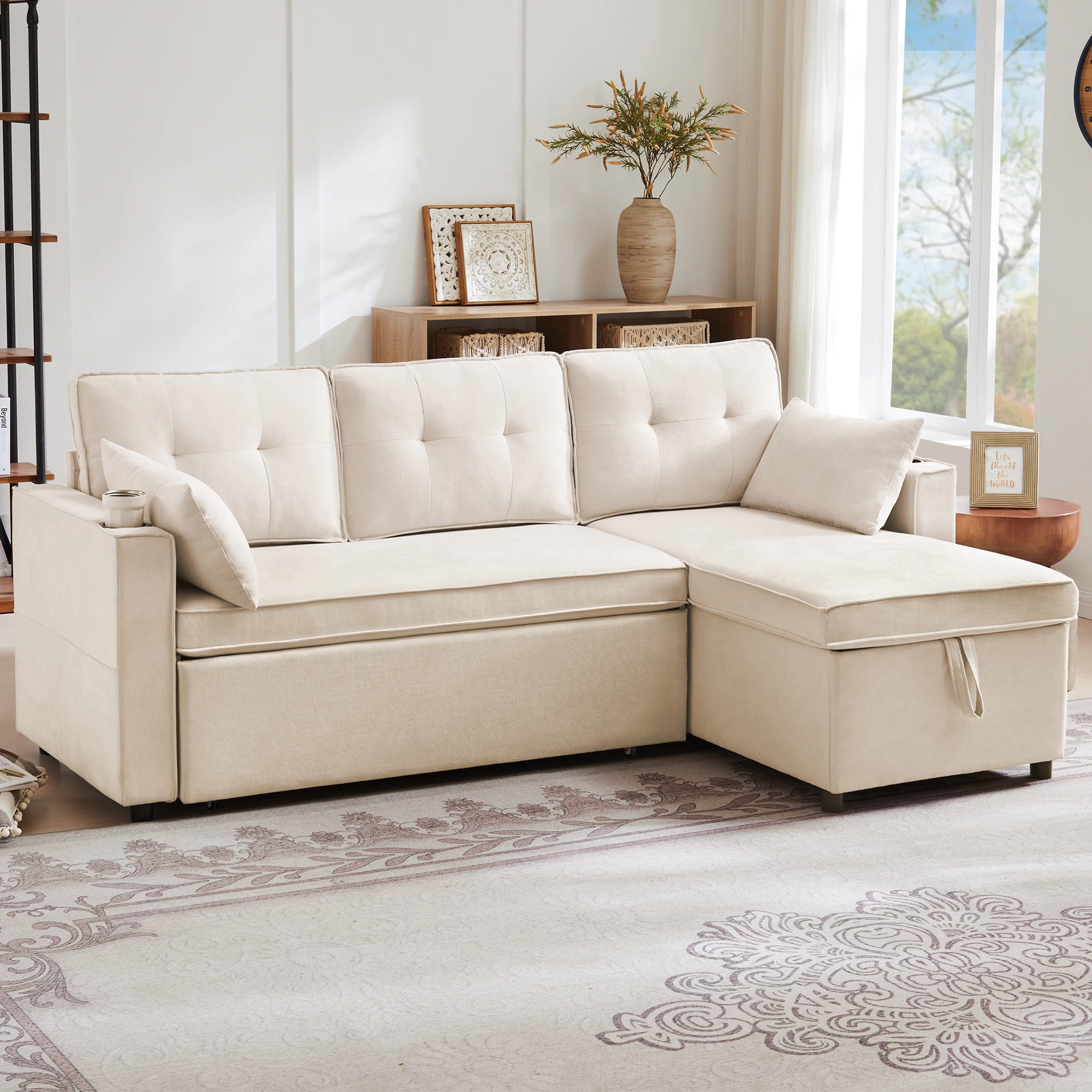 Sofá esquinero reversible de 3 plazas - convertible con compartimento de almacenamiento, respaldos altos, portavasos, bolsillos - en algodón Lin-beige