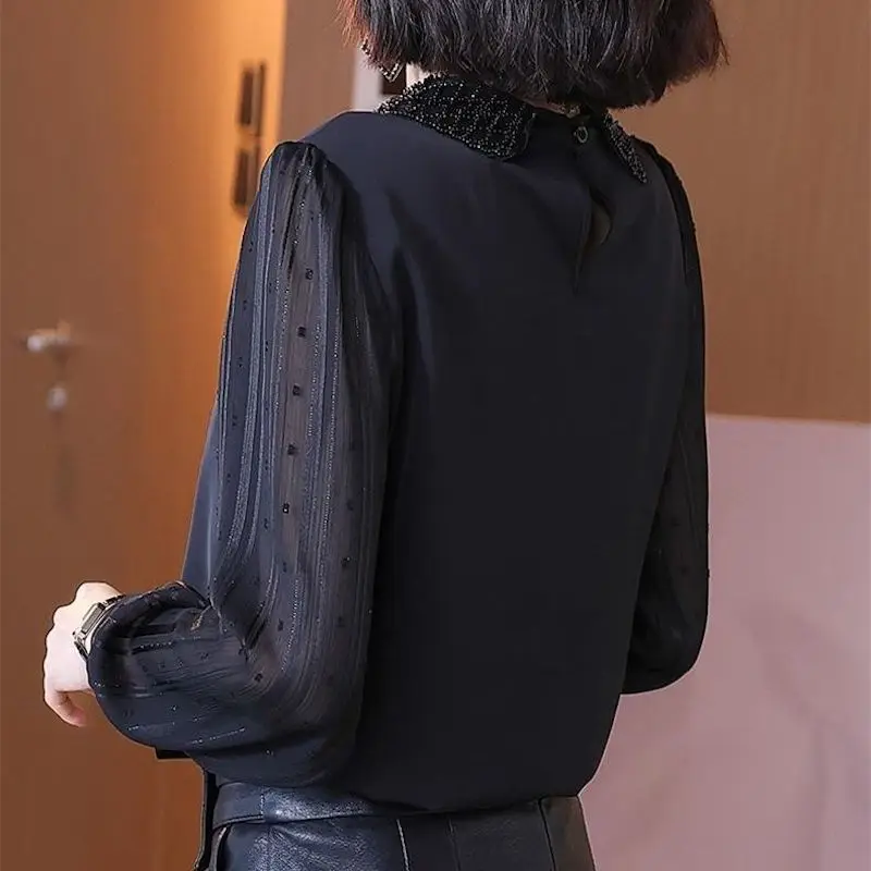 Casual Peter Pan Collar Chic Embroidered Flares Shirt Female Solid Color Spring Autumn Chiffon Spliced Korean Drawstring Blouse