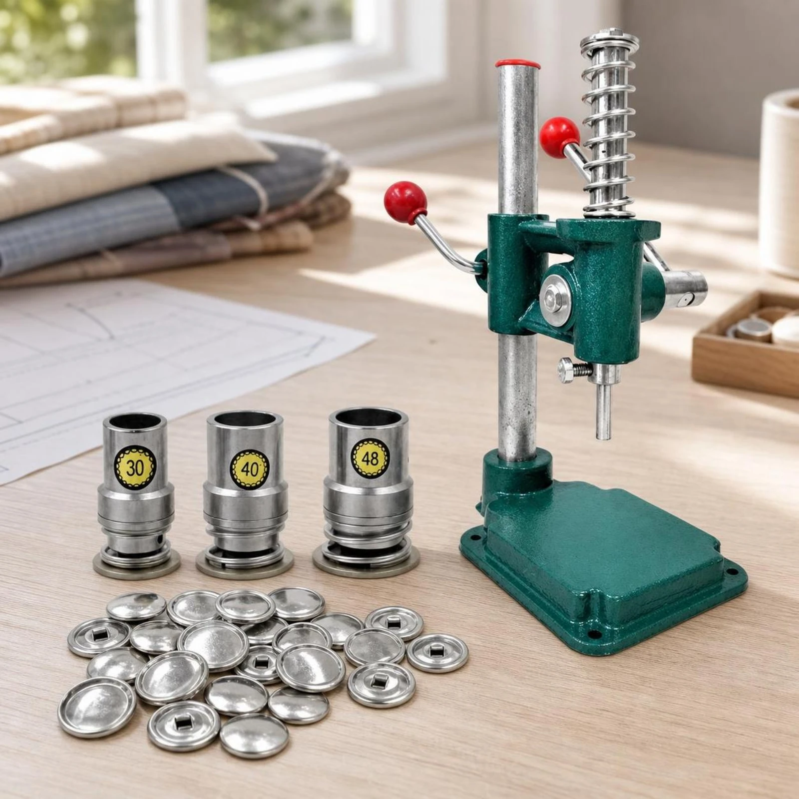 Button Press Machine Manual Button Maker with Molds Hand Press Machine Desktop for Crafters, Craft Workshops, Sewing Rooms