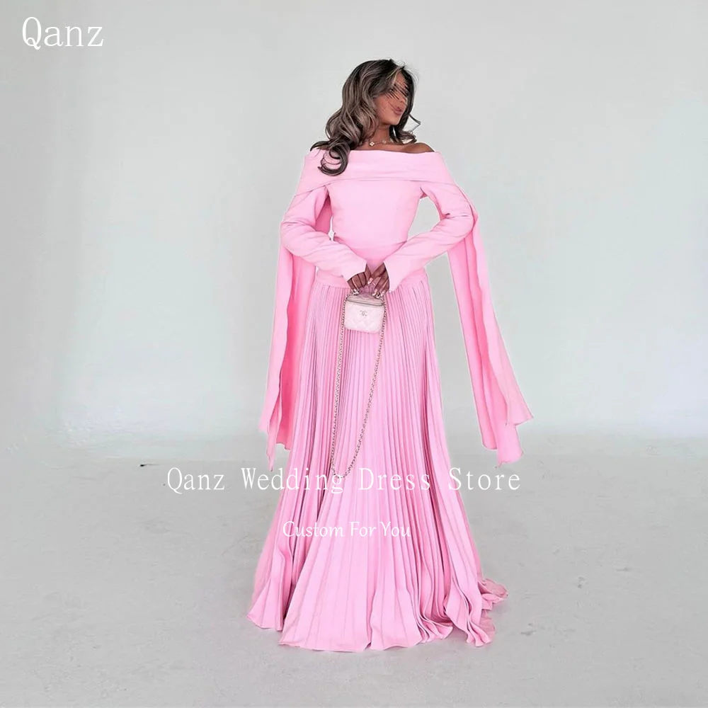 

Qanz Dubai Pink Satin Saudi Arabic Evening Dresses Boat Neck Long Sleeves Prom Gown Formal Occasion A Line Vestidos De Fiesta