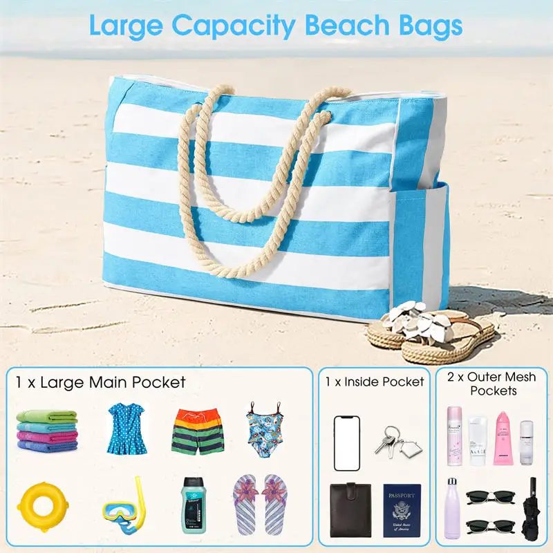 

Summer Striped Beach Bag Large Capacity Canvas Shopping Bag Fashion Tote Bag For Travel,Beach,Camping Swimming Storage Bag
