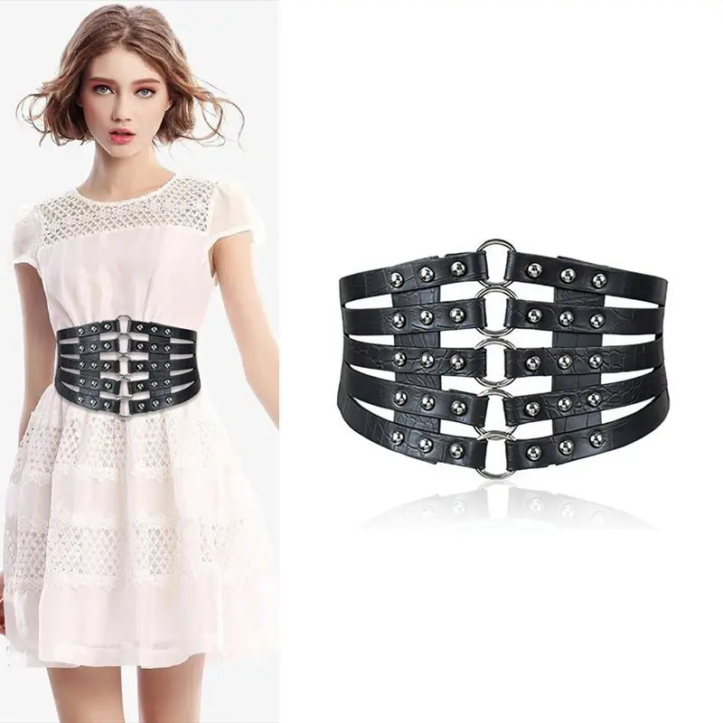 حزام أسود عريض مرصع على الطراز الغربي بتصميم عتيق للتنانير والمعاطف المنتفخة أزياء نسائية #1