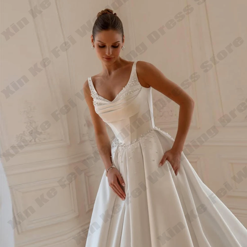 Elegance Women Pearls A-line Wedding Dress Spaghetti Straps Bride Gown Backless Bride Dresses Bridal Gowns Vestidos Customized
