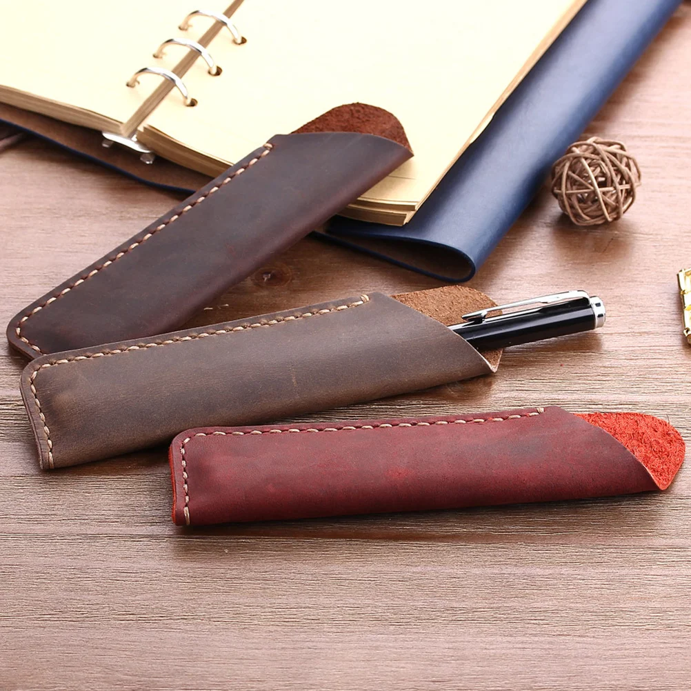 Pen Case Brown Handmade Pouch Holder For Office School Pen Storage Bag Protective Sleeve Desk