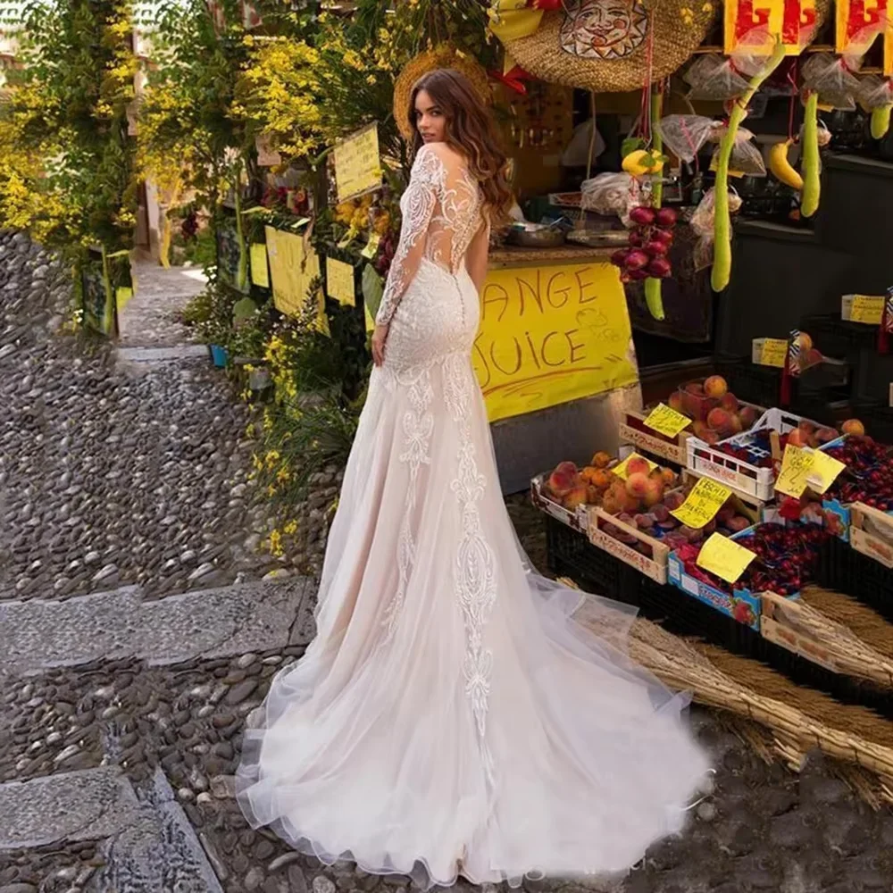 Customized Graceful Romantic Mermaid Bridal Gowns O-Neck Long Sleeve Lace Wedding Dress High Quality Princess Bride Dresses