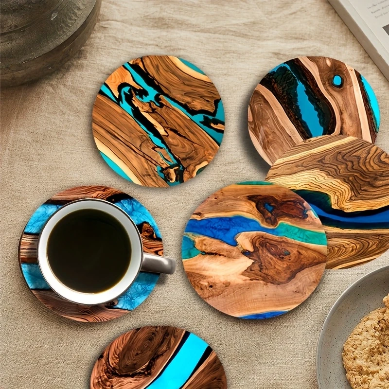 6pcs 4inch Vintage Wooden Coasters 2D Plane Tree Pattern with Lake & Desert Designs Home Decor for Coffee Shops & Dining Tables
