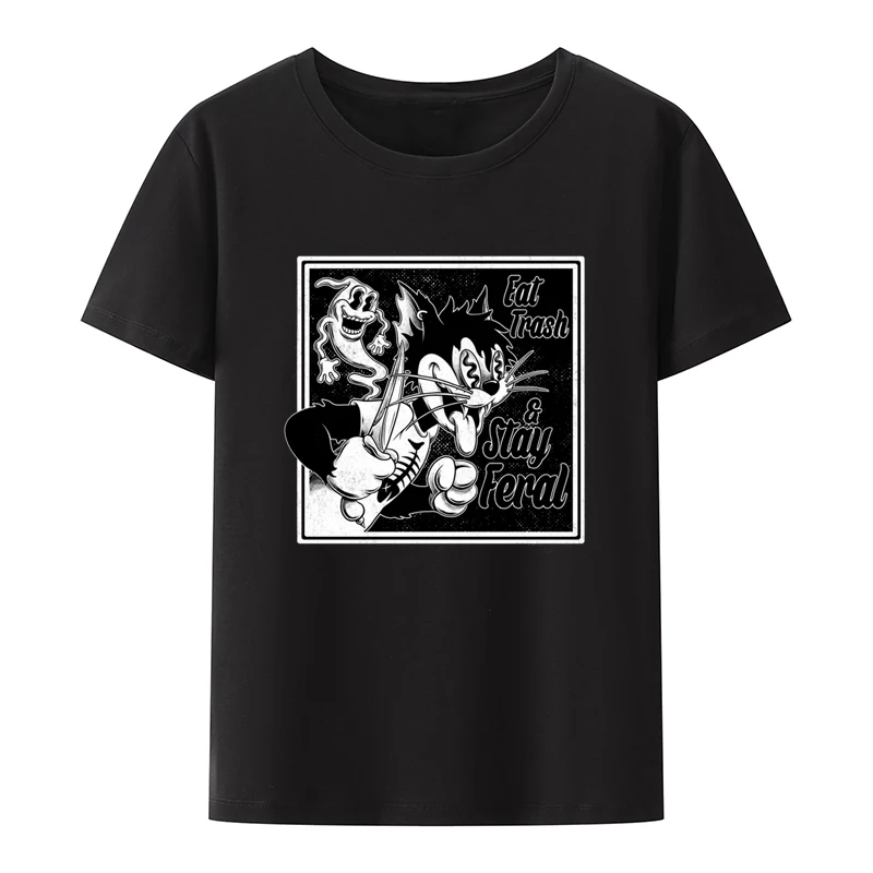

Eat Trash & Stay Feral Printd Anime T-shirts Vintage Funny Top Tee Popular Student Couple Gold Printing Punk Comics Humor