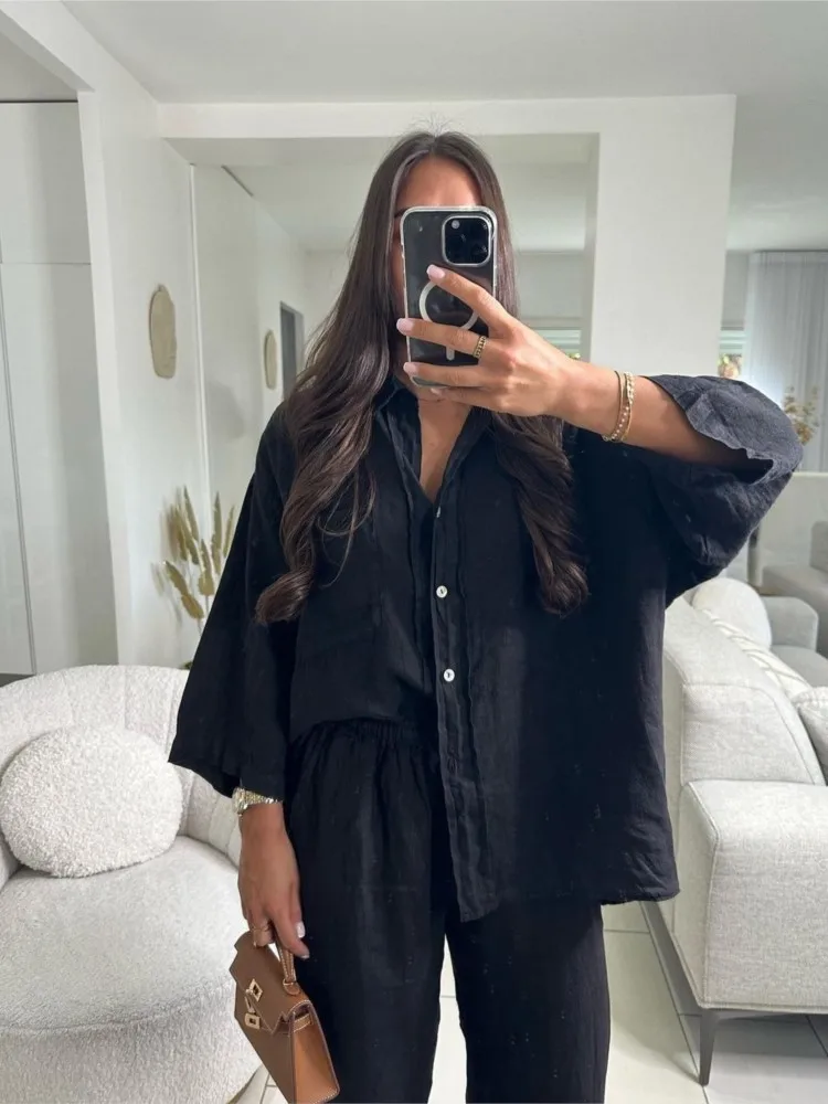 

Women's Set 2025 New Fashion Spring Cotton Linen Loose Ladies Shirt Summer Women Pants Casual Chic Print Set for Women