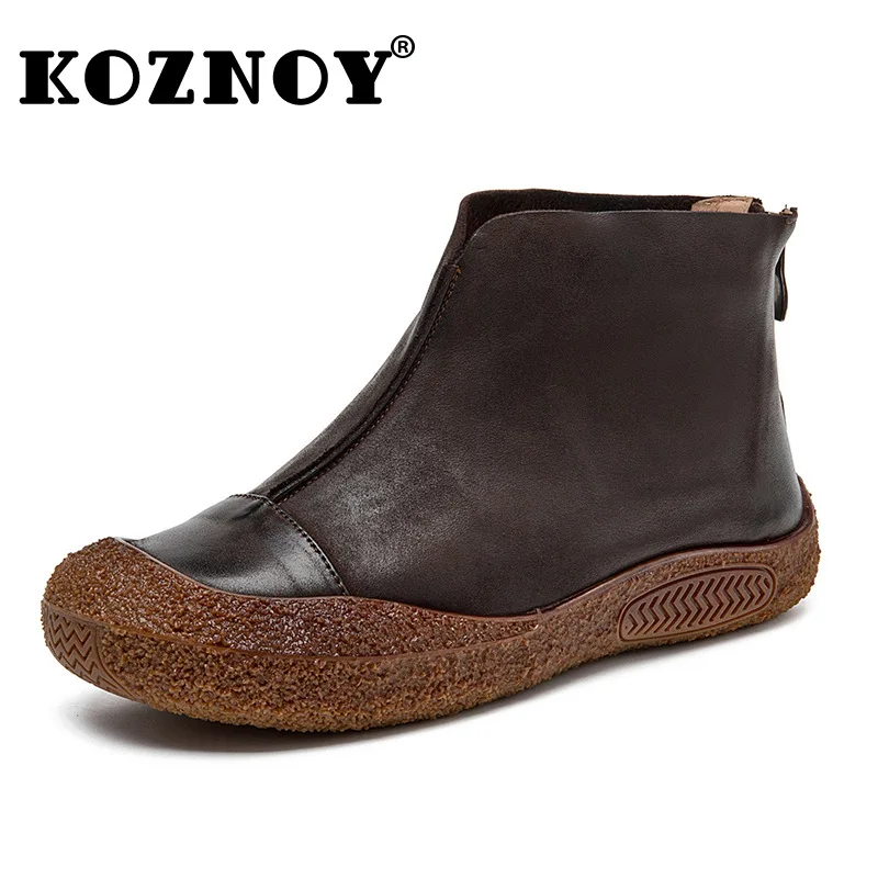 

Koznoy 2cm Cow Genuine Leather Spring Autumn British Flats Loafer Mid Calf Ankle Booties Motorcycle Boots Woman ZIP Chunky Shoes