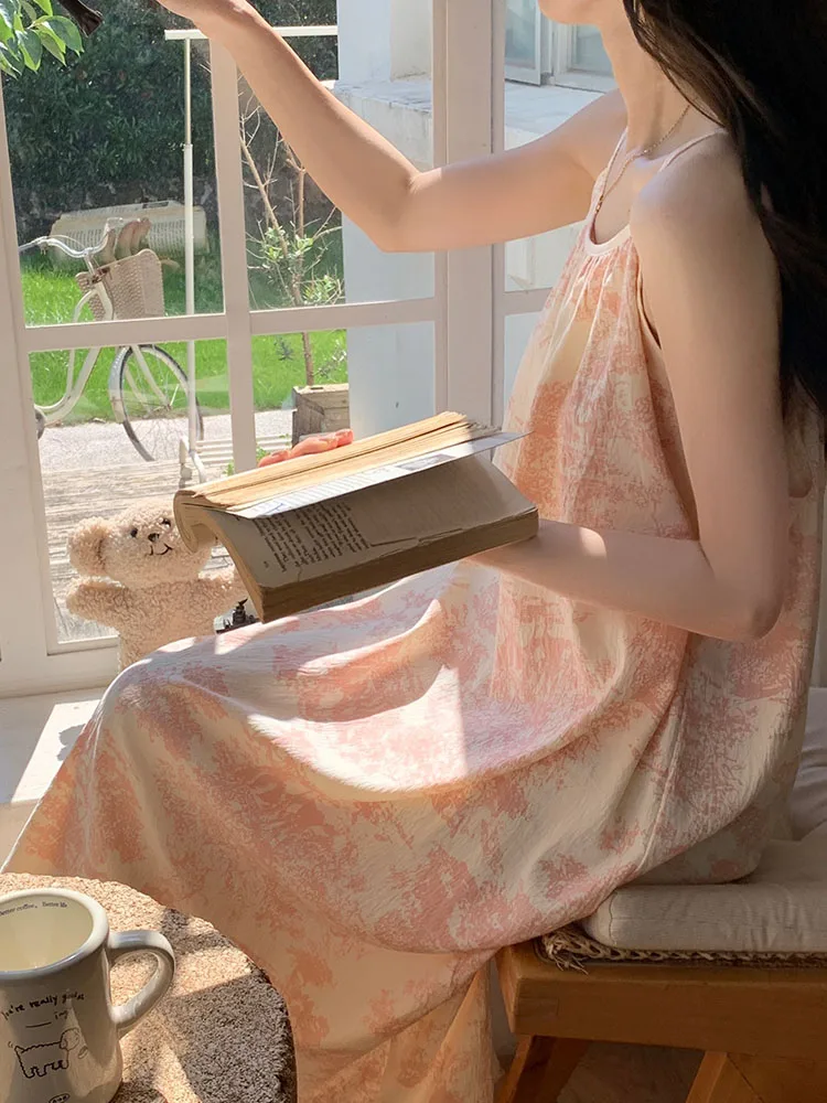 

Summer Thin Sweet Watercolor Print Mid-Length Spwear Women's Home Clothes with Chest Pad Strap Sp Dr Knot