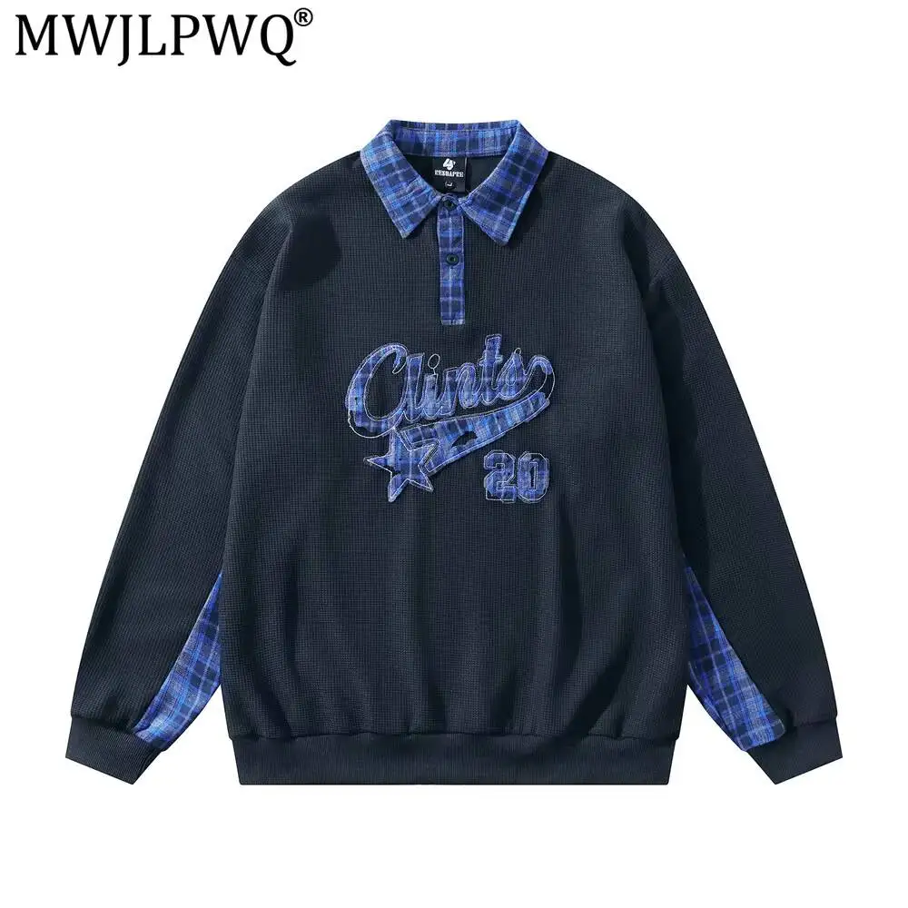 MWJLPWQ Patchwork Plaid Sweatshirt For Men American Trendy Vibe Letter Patches Embroidery Design Loose Fit Polo Tops New 20092