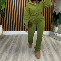 Women Solid Fleece 2 Piece Set Track Suits Fashion Turn Down Collar Zip Long Sleeve Pullover Sweatshirts Crop Top + Sweat Pants