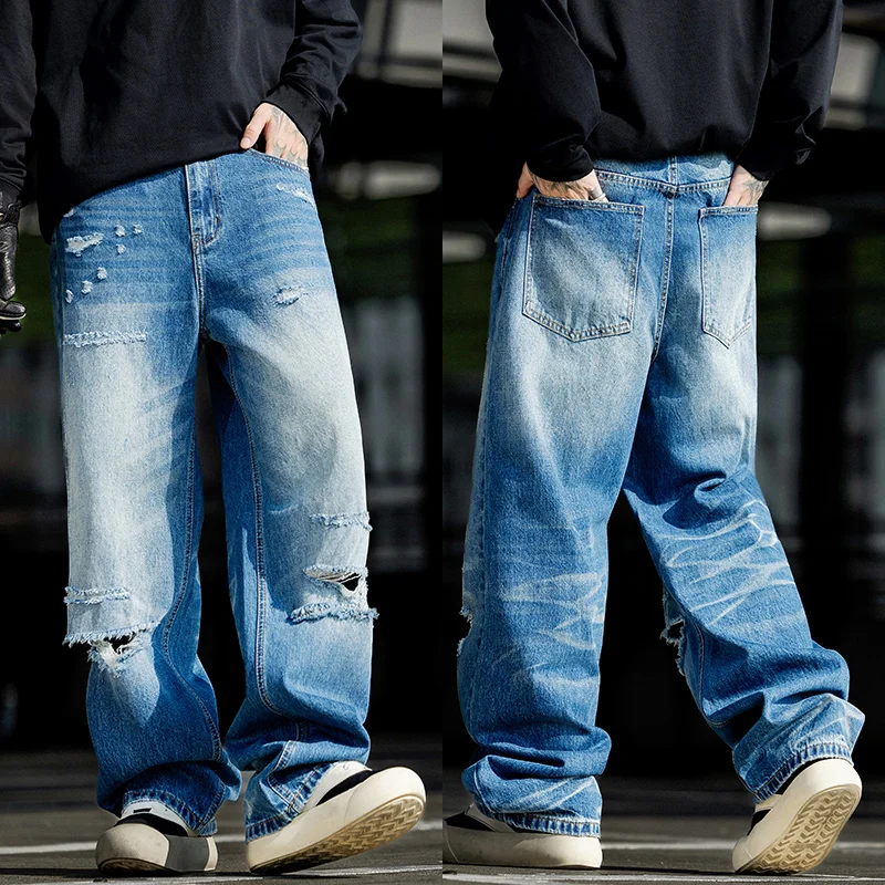 

Ripped jeans, men's trendy brand, fashionable streetwear, cool and retro, nostalgic Korean style, loose and floor length pants