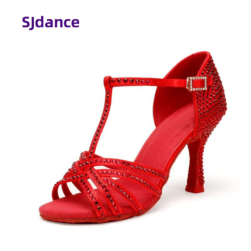 Red Latin Dance Shoes Women Rhinestone Satin Sandal Lady Ballroom Salsa Highheels Pro Soft Sole Comfortable Stable Heel SJdance