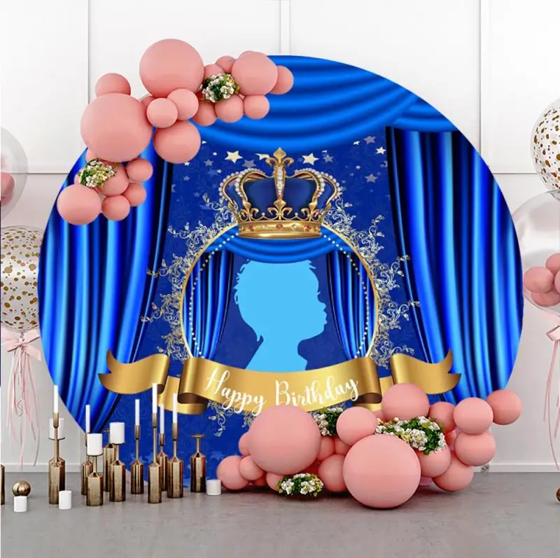 Baby Shower Round Backdrop Cover Royal Blue Pink Curtain Crown Boy Girl Prince Princess Birthday Party Photography Background