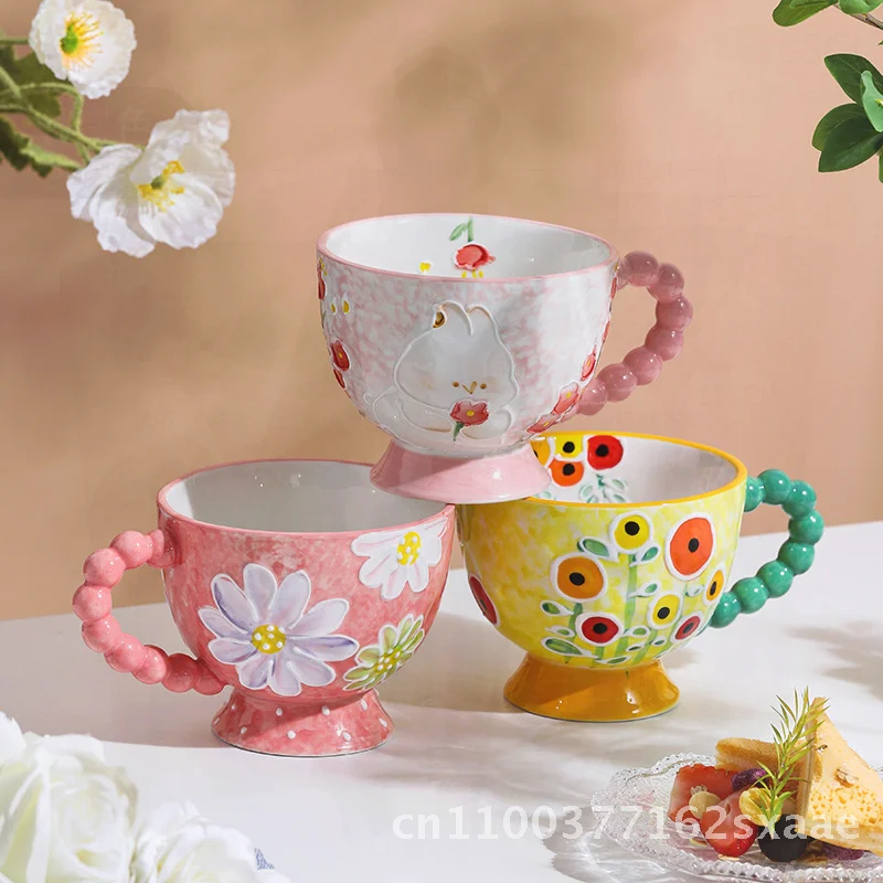 

Hand Painted Embossed Ceramic Mug Cute Household High-Looking Water Cup Oatmeal Breakfast Cup with Handle Universal 401-500ml