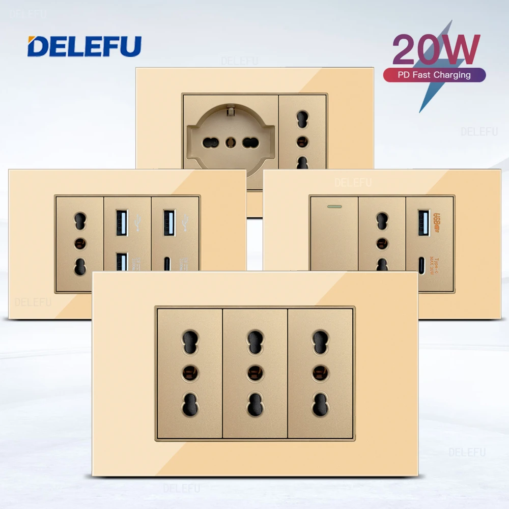 

DELEFU Glass SC70 Panel 118mm Gold Italian Standard USB C-type Fast Charging Wall Socket Switch TV Telephone CAT5 CAT6