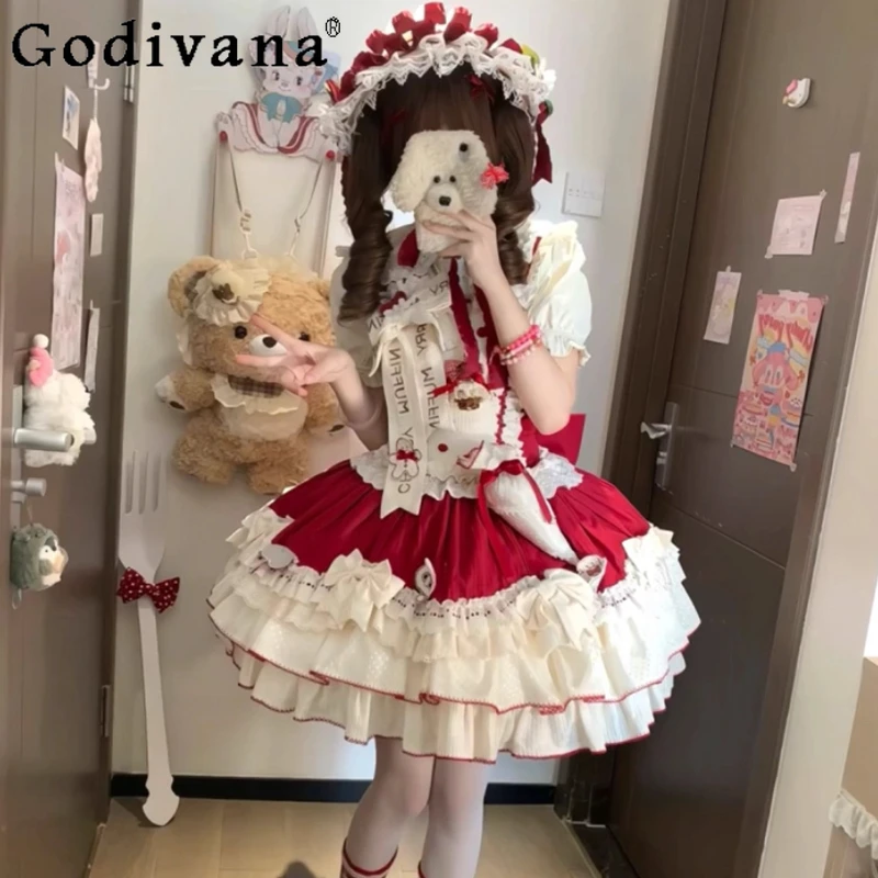 الحلو لطيف الأحمر والأبيض لوليتا فستان المرأة لوليتا خمر دمية الزفاف فستان الأميرة الفتيات لوليتا فستان حفلة عيد ميلاد