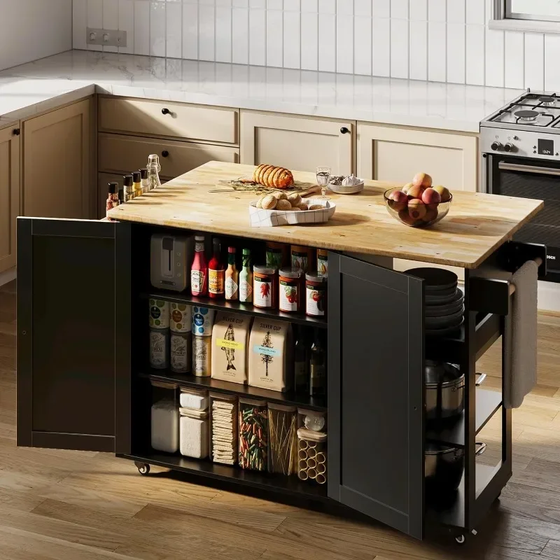 Width Kitchen Island with Drop Leaf, Rolling Kitchen Island Cart with Large Storage Cabinet