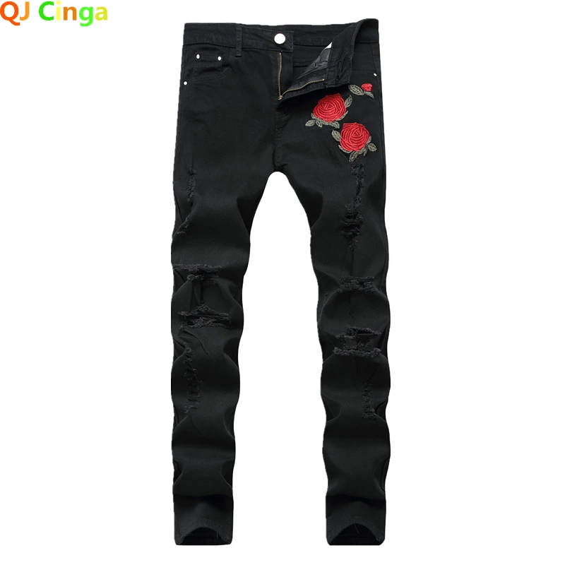 Men's Red Rose Embroidered Jeans, Black Blue Stretch Pants for Men
