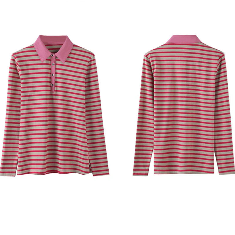 Primavera autunno vestiti bottone Tee Shirt Femme colletto rovesciato T Shirt donna manica lunga cotone magliette Casual allentate femminili