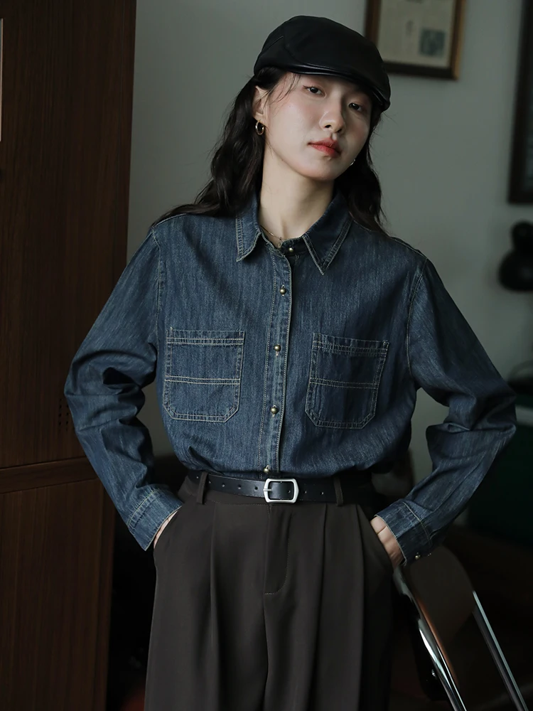 

Retro Blue Denim irt Women's Spring 2025 New Casual Loose Long Sve Button up Cotton Blend Regular Length irt