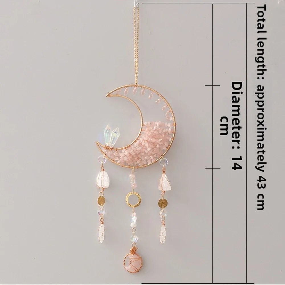 Indian Style Handmade Wind Chime Using Pink Natural Stones and Crystals Half Moon Shape for For dreamcatcher Associated Decor