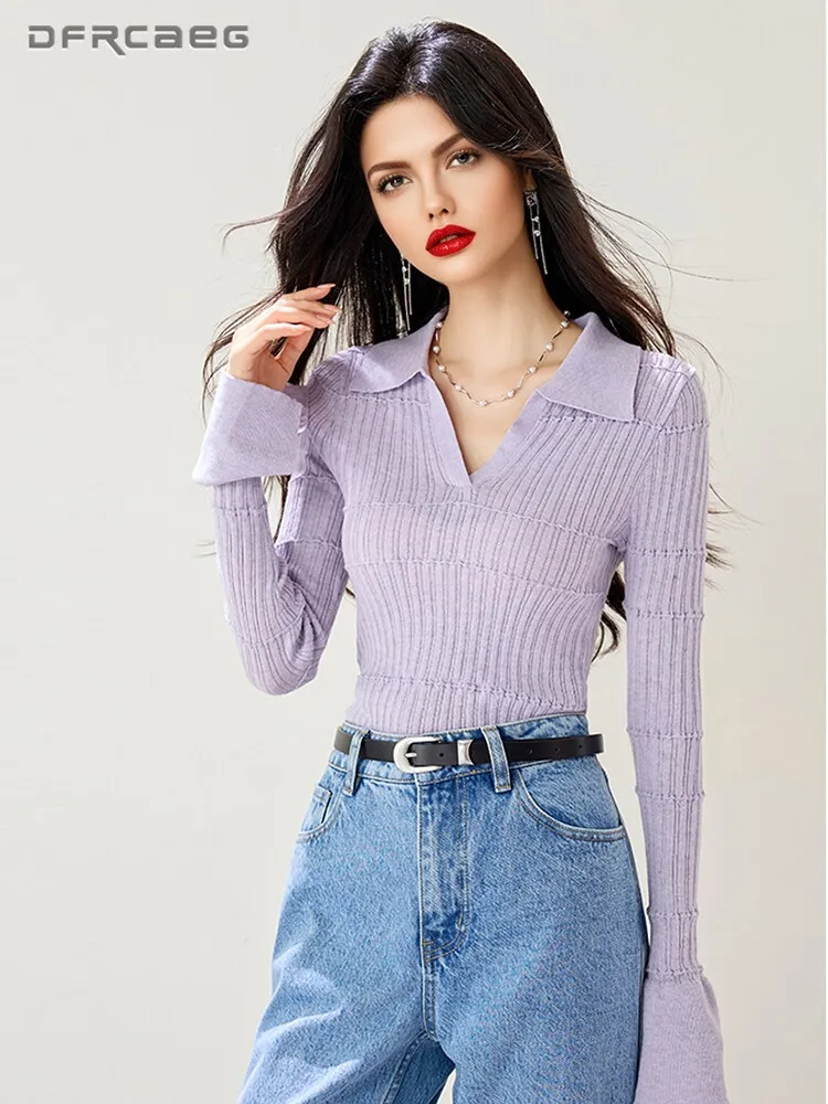 

Purple Women's Knitted Bottoming Top High-Stretch Sexy V-Neck Sweater Bodycon Long Sleeve Shirt Clothes