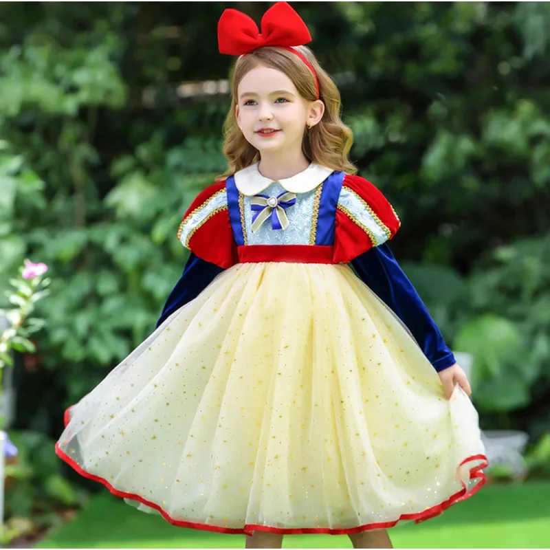 Snow White Costume For Kids Carnival Party Cosplay Outfits Girl Princess Role Playing Frocks Long Sleeve Mesh Prom Dress