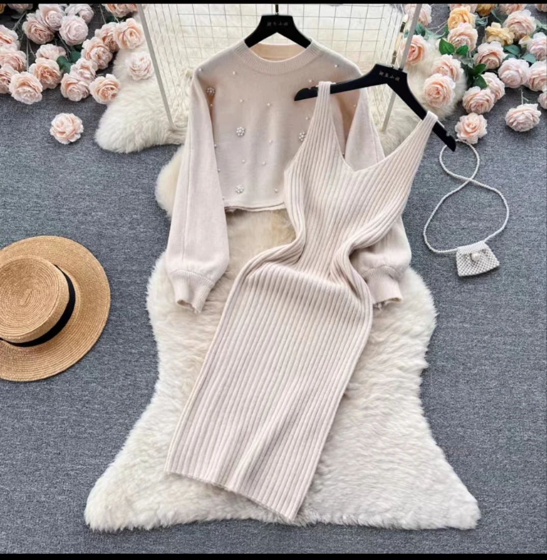 New Elegant Knitted Two Piece Sets for Women Autumn Winter Beading Lartern Sleeve Pullover Sweater Top + Sling Dresses Suits