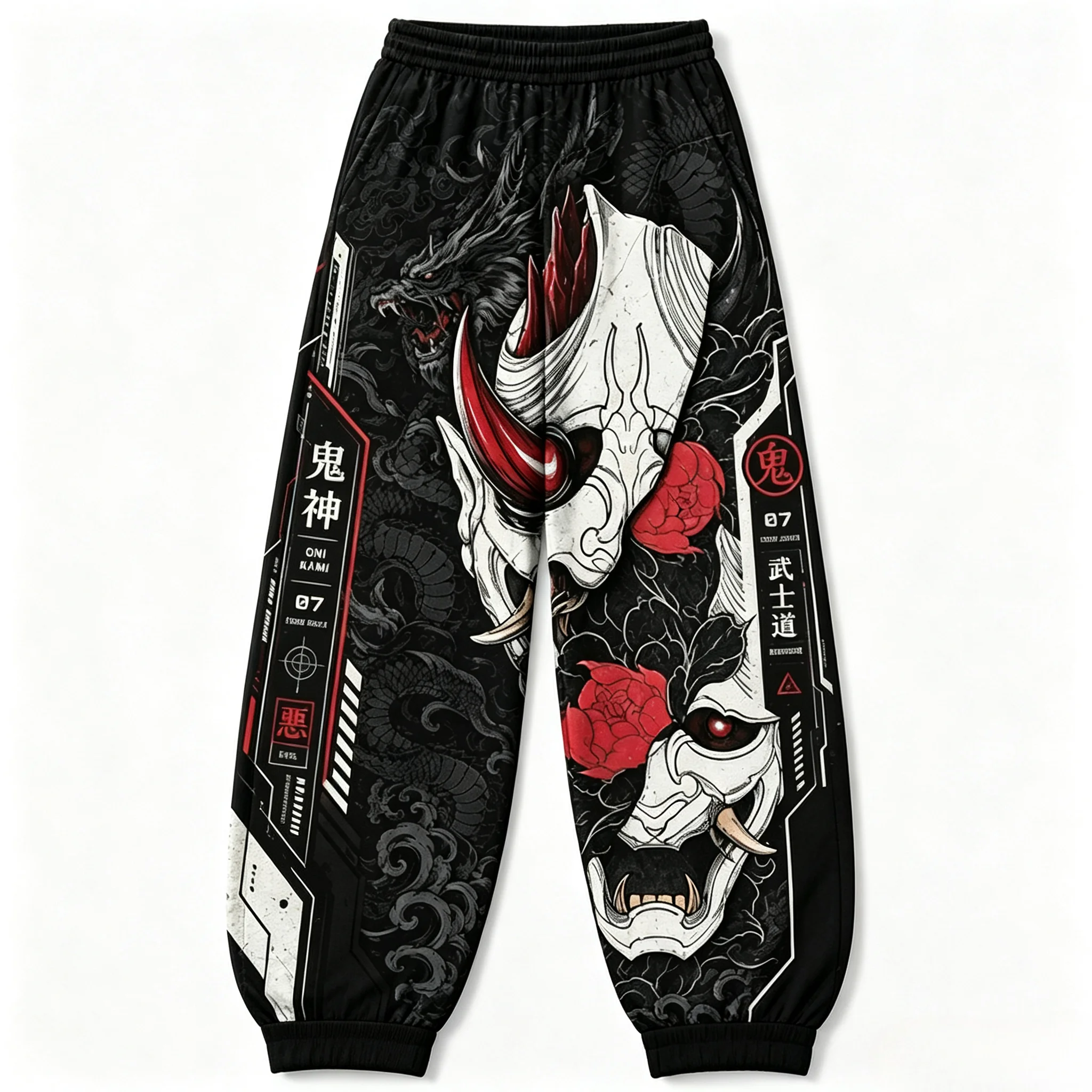 Japanese-Style Oni Mask Jogger Sweatpants — 3D Print, Drawstring, Stylish Streetwear Fitness, Sports, Competition, Casual Wear