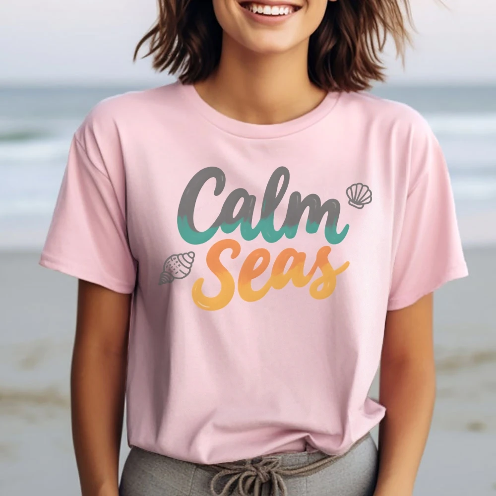 

Calm Sea Cartoon Letters Y2K Women‘s Clothes Cotton Casual T-Shirt Crew Neck Graphic Tees Street Wear Colorful Cute